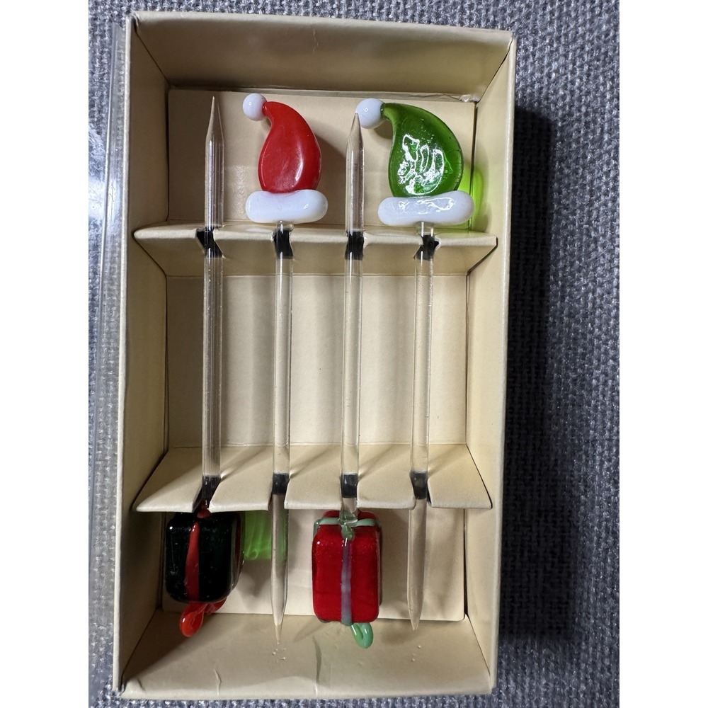 World Market Glass Cocktail Picks Set of 4 Christmas Santa Hat Gift Present Bar - Picture 3 of 5